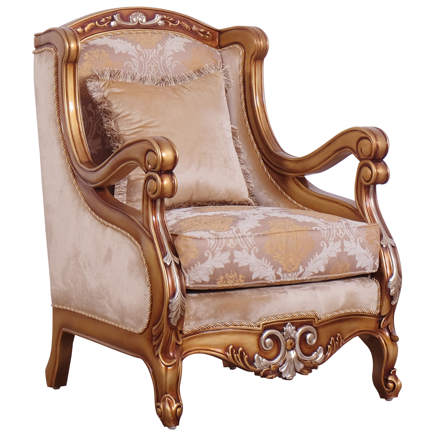 Grand European Luxury Furniture 41026 C Raffaello Ii Chair In Fabric On Antique Brown Silver Gold Mahogany