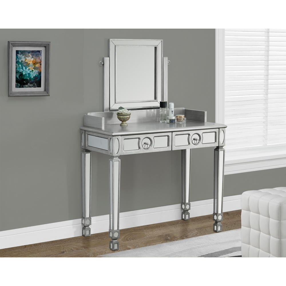 Brushed Silver Mirrored Bedroom Vanity W 2 Drawers By Monarch Specialties