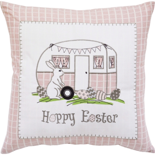 Happy Easter Camper Throw Pillow in Pink Plaid Fabric