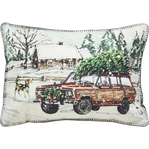 Trucking Tree Oblong Pillow in White w/ Green Tree Fabric