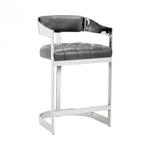 Beaumont Counter Height Stool in Tufted Grey Leather on Polished Stainless Base