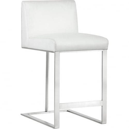 Dean Counter Stool in White Leather & Brushed Stainless