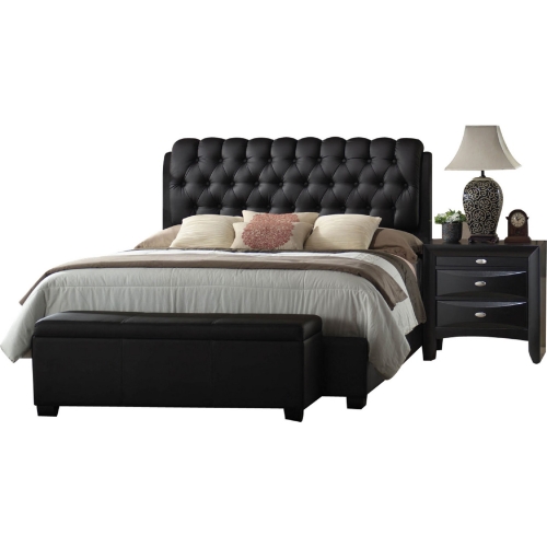 Ireland II King Bed in Black w/ Button Tufted Leatherette Headboard