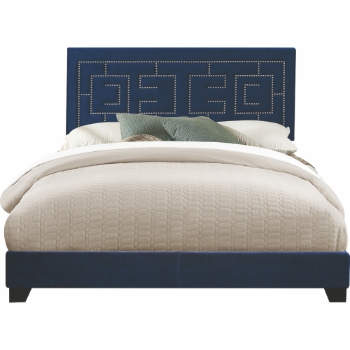 Ishiko III Eastern King Bed in Dark Blue Velvet w/ Nailhead