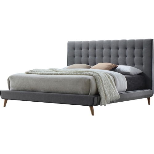 Valda Queen Bed in Light Gray Fabric w/ Tufted Headboard