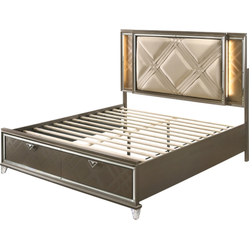 Skylar Queen Storage Bed w/ LED in Leatherette & Dark Champagne