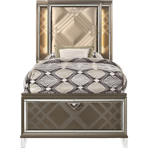 Skylar Twin Storage Bed w/ LED in Leatherette & Dark Champagne