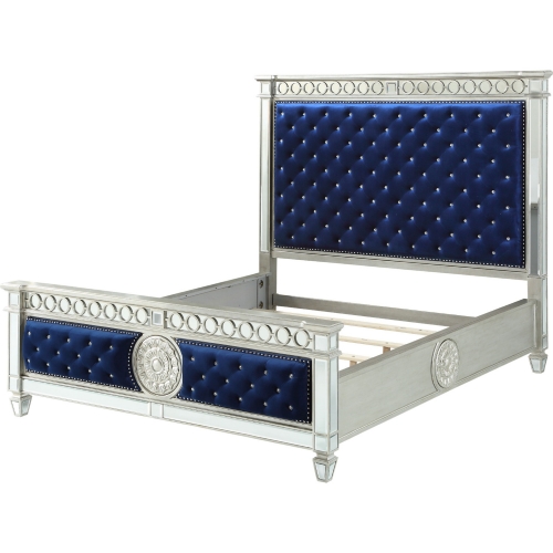 Varian Queen Bed in Mirror Finish & Tufted Blue Velvet