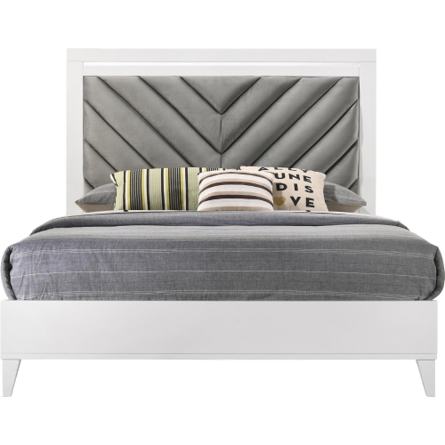 Chelsie Queen Bed in Gray Leatherette & White Finish