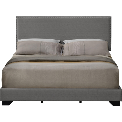 Leandros Queen Bed in Light Gray Fabric w/ Nailhead Trim