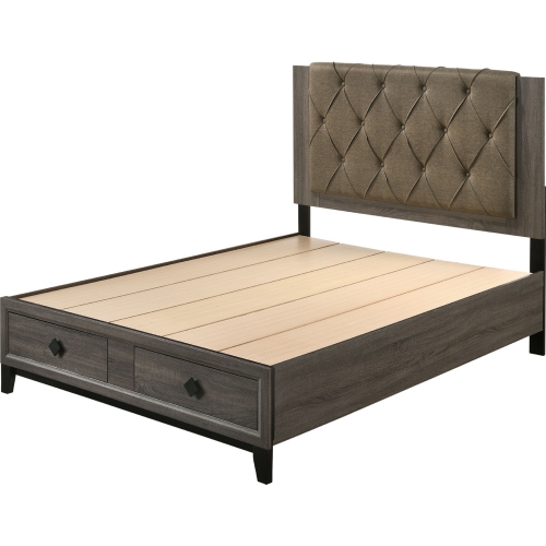 Avantika Queen Storage Bed in Rustic Gray Oak & Tufted Fabric