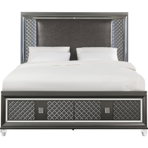 Sawyer Queen Bed in Leatherette & Metallic Gray