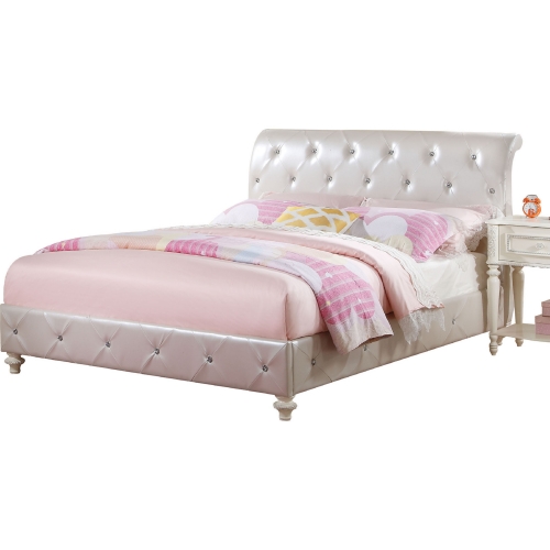 Dorothy Twin Sleigh Bed in Tufted Pearl White Leatherette & Ivory