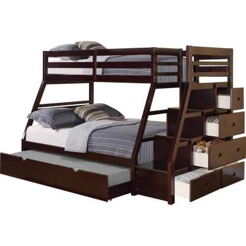 Jason Twin over Full Bunk Bed w/ Storage Ladder & Trundle in Espresso