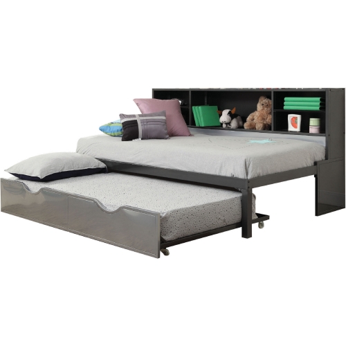 Renell Twin Bed w/ Bookcase & Trundle in Black & Silver