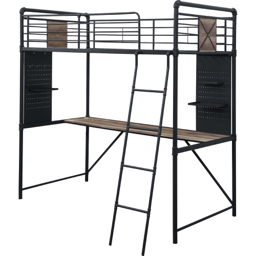 Cordelia Twin Loft Bed w/ Desk in Antique Oak, Black & Bronze