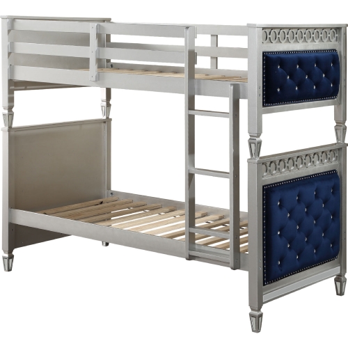 Varian Twin over Twin Bunk Bed in Tufted Blue Velvet & Silver