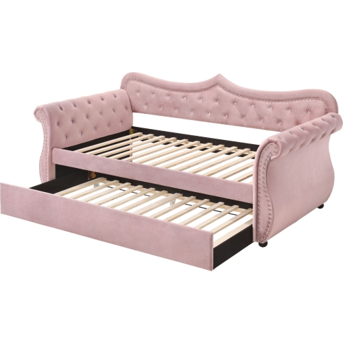 Adkins Twin Daybed & Trundle in Tufted Pink Velvet