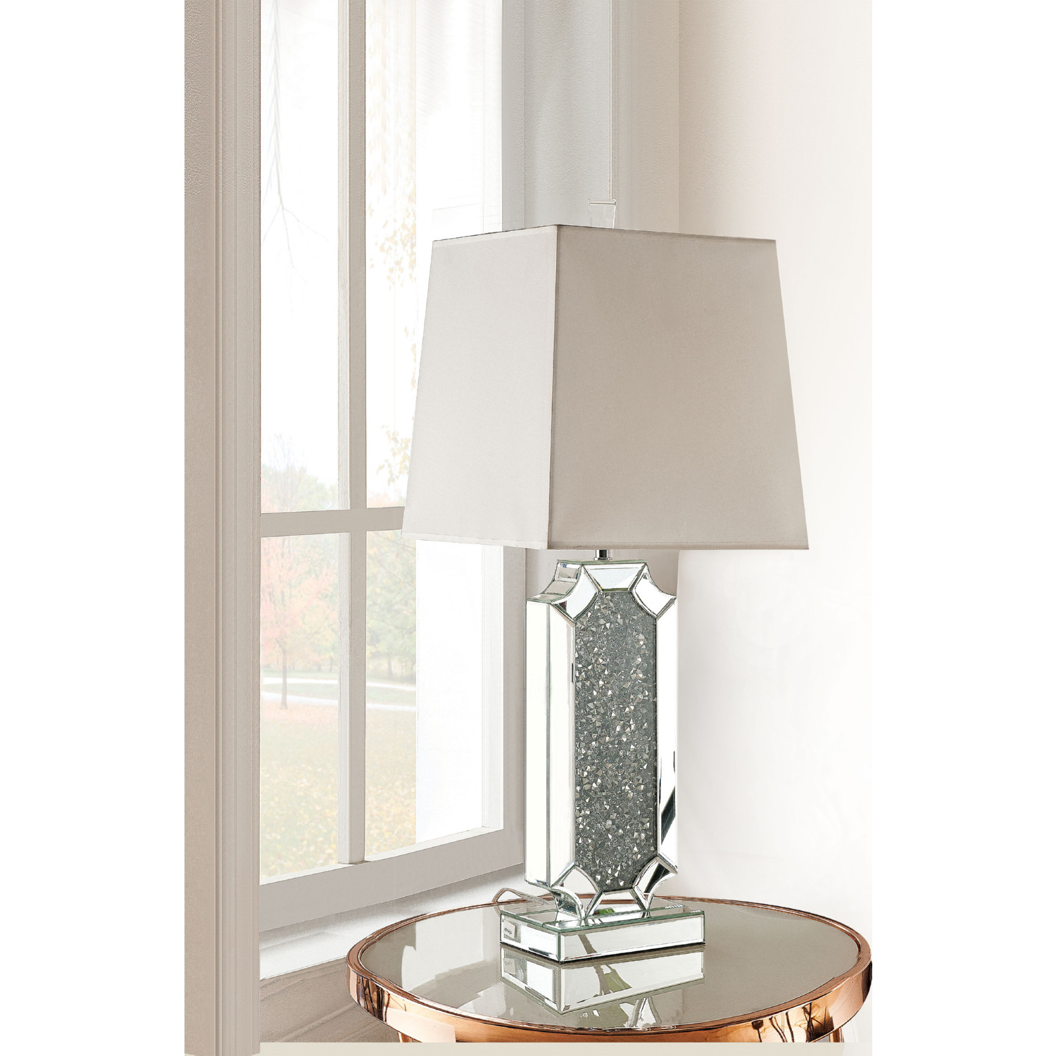 Noralie online Collection 40216 Table Lamp, Glam Style, Square Shade White Finish, Mirr