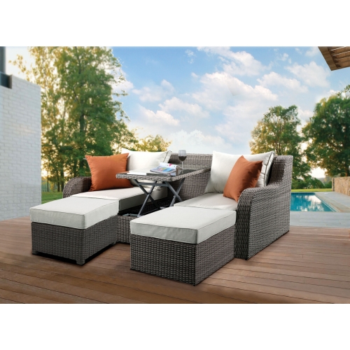 Salena 3 Piece Patio Sectional Sofa & Ottoman in Beige Fabric & Gray Wicker