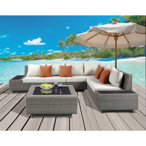 Salena Patio Sectional Sofa & Cocktail Table in Beige Fabric & Gray Wicker