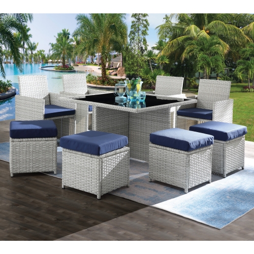 Paitalyi 9 Piece Outdoor Dining Set in Blue Fabric & Wicker