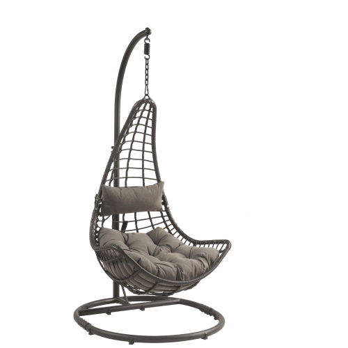 Uzae Outdoor Hanging Chair & Stand in Gray Fabric & Charcoal Wicker