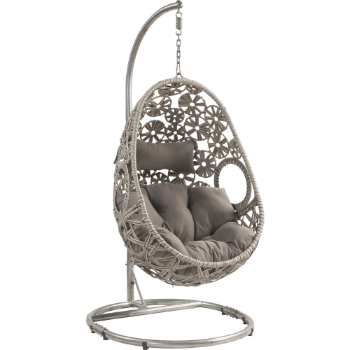 Sigar Outdoor Hanging Chair & Stand in Light Gray Fabric & Wicker