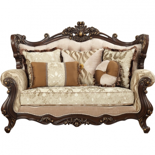 Shalisa Loveseat w/ 5 Pillows in Walnut & Fabric