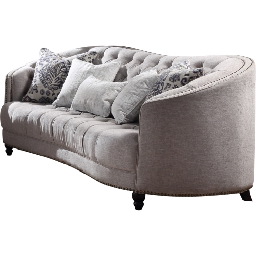 Saira Curved Sofa in Light Gray Fabric w/ Nailhead