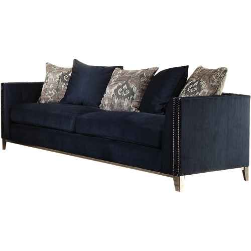 Phaedra Sofa w/ in Blue Fabric w/ Nailhead on Stainless Legs