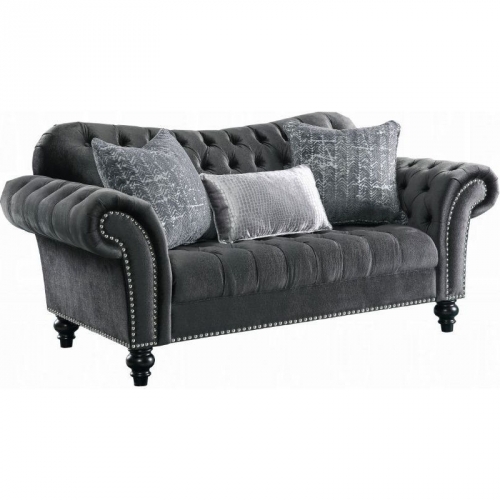 Gaura Loveseat w/ 3 Pillows in Gray Velvet