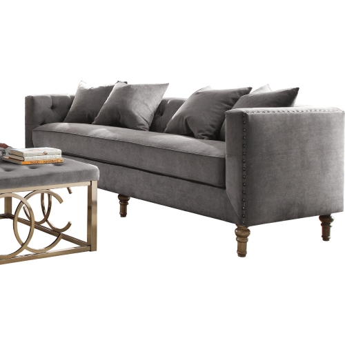 Sidonia Sofa in Gray Velvet w/ Nailhead on Turned Wood Leg