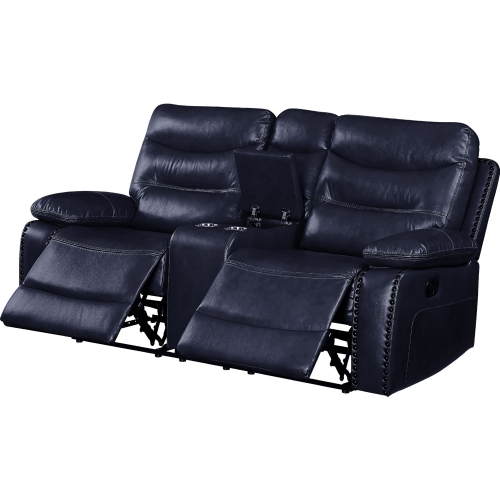 Aashi Reclining Loveseat w/ Console in Navy Leather-Gel Match