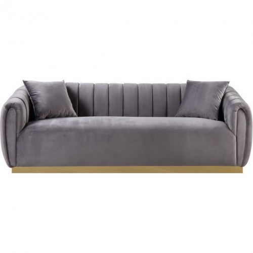 Elchanon Sofa in Channel Tufted Gray Velvet & Gold Steel