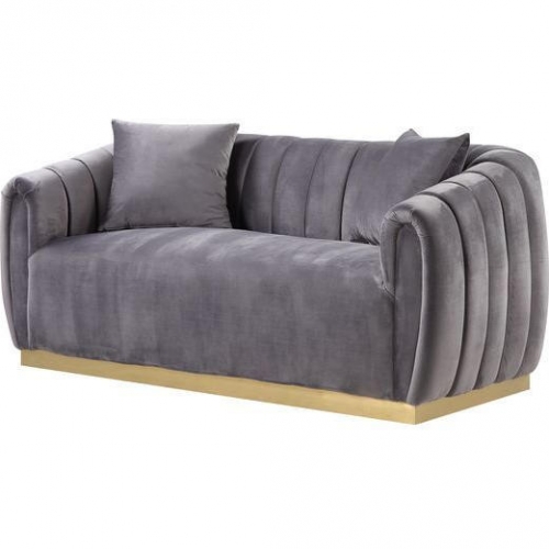 Elchanon Loveseat in Channel Tufted Gray Velvet & Gold Steel