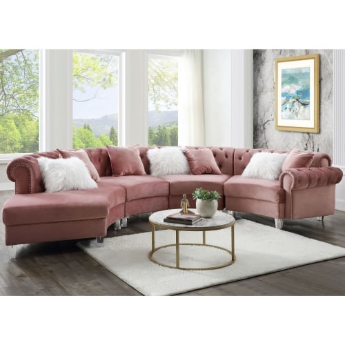 Ninagold Crescent Sectional Sofa in Plush Pink Velvet with Acrylic Legs