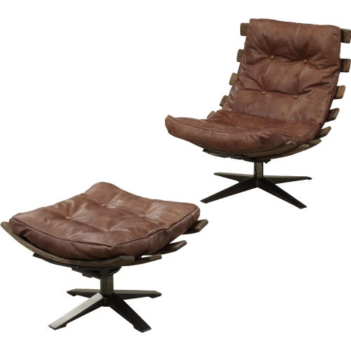 Gandy Accent Chair & Ottoman in Retro Brown Top Grain Leather