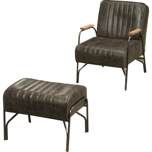 Sarahi Accent Chair & Ottoman in Distressed Espresso Brown Top Grain Leather