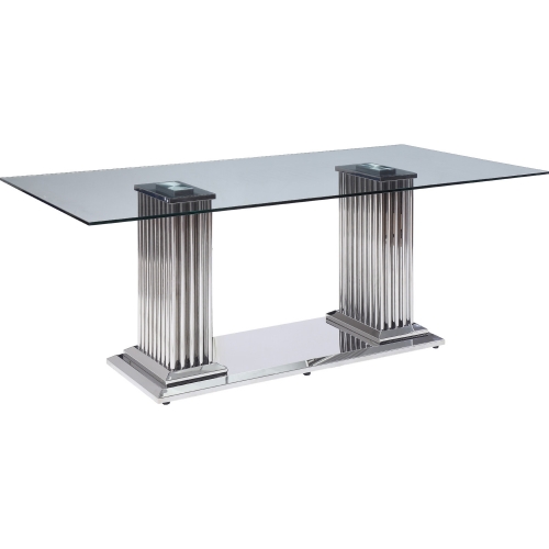 Cyrene Dining Table w/ Double Pedestal in Stainless Steel & Clear Glass