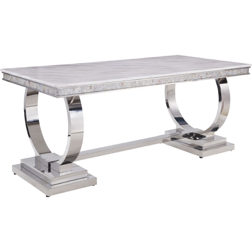 Zander 71" Dining Table in White Faux Marble & Mirrored Silver