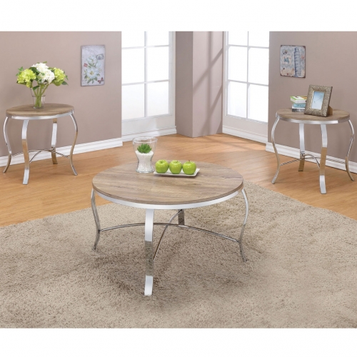 Malai Coffee & 2 End Table Set in Weathered Light Oak & Chrome