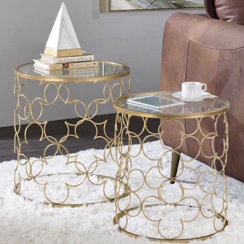 Flowie Nesting Tables in Clear Glass & Gold Metal