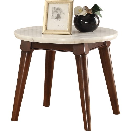 Gasha End Table in White Marble & Walnut