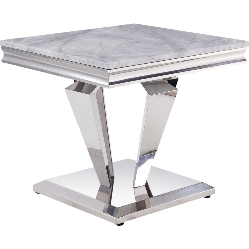 Satinka End Table in Light Gray Faux Marble & Mirrored Silver