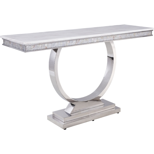 Zander End Table in White Faux Marble & Mirrored Silver