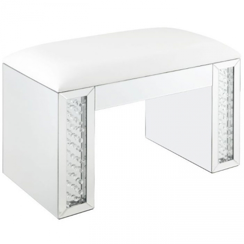 Nysa Bedroom Vanity Stool in Ivory Leatherette, Mirror & Faux Crystals