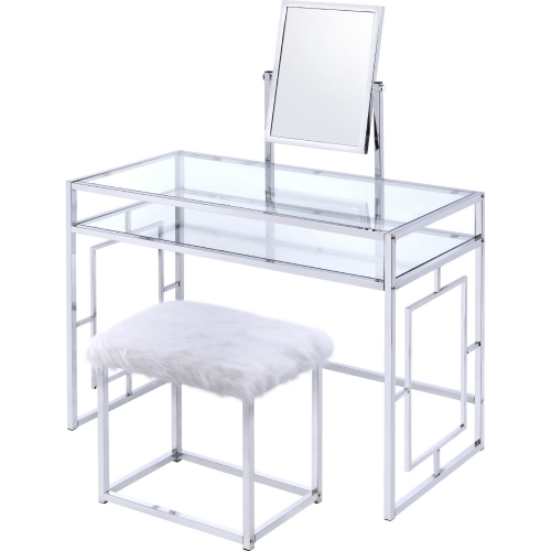 Carenze II Bedroom Vanity Set in White Faux Fur & Chrome