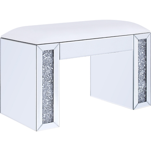 Noralie Bedroom Vanity Stool in Leatherette, Mirror & Faux Diamonds