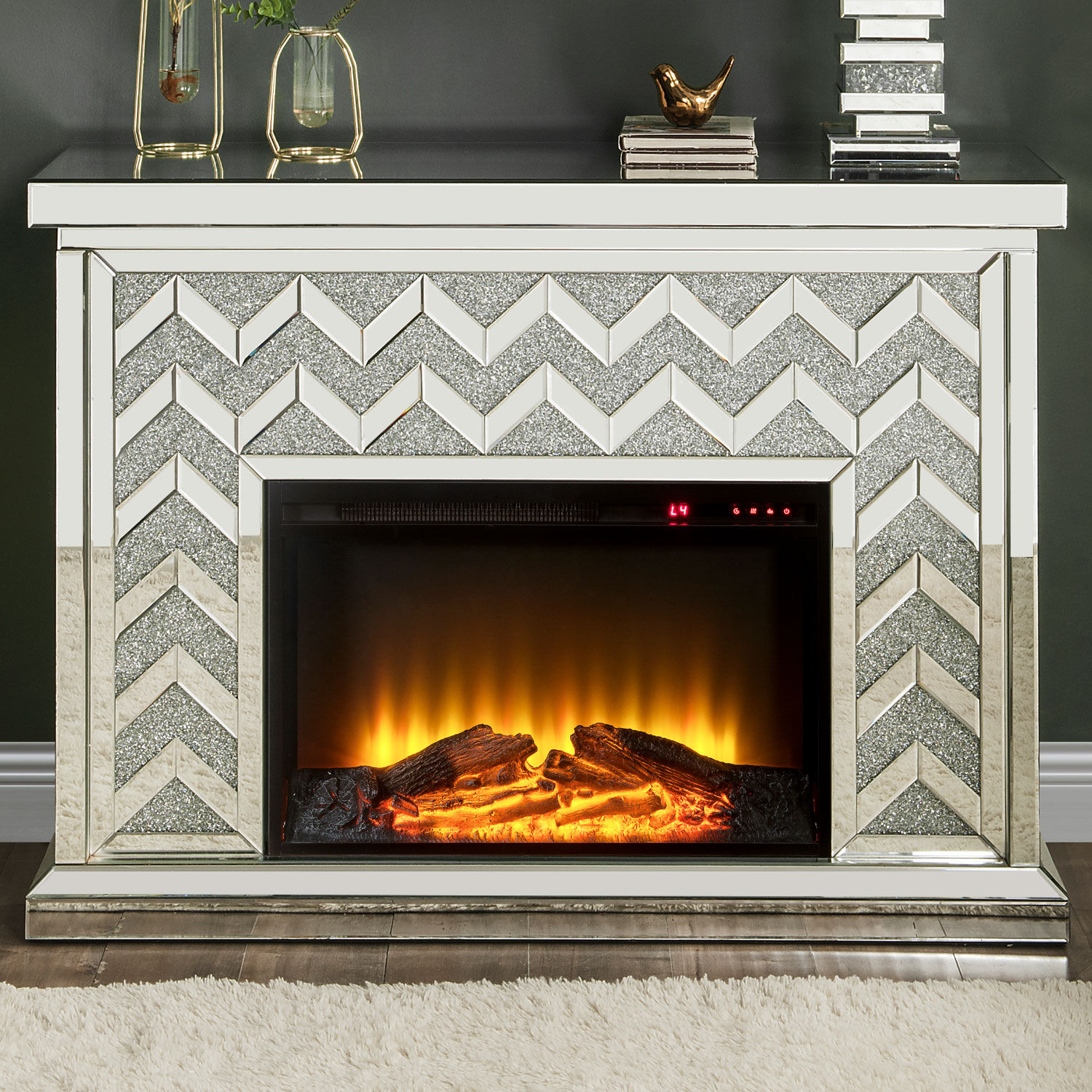 Acme 90530 Noralie Fireplace in Mirror & Faux Diamonds